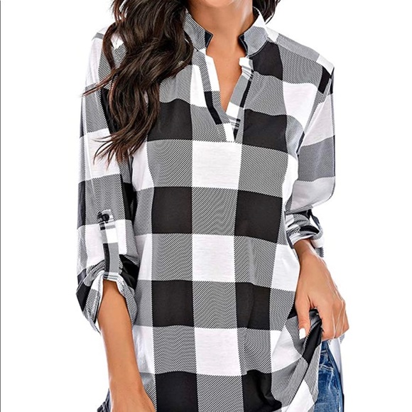 St. Jubileens Tops - Womens 3/4 sleeve Roll Up Plaid shirt